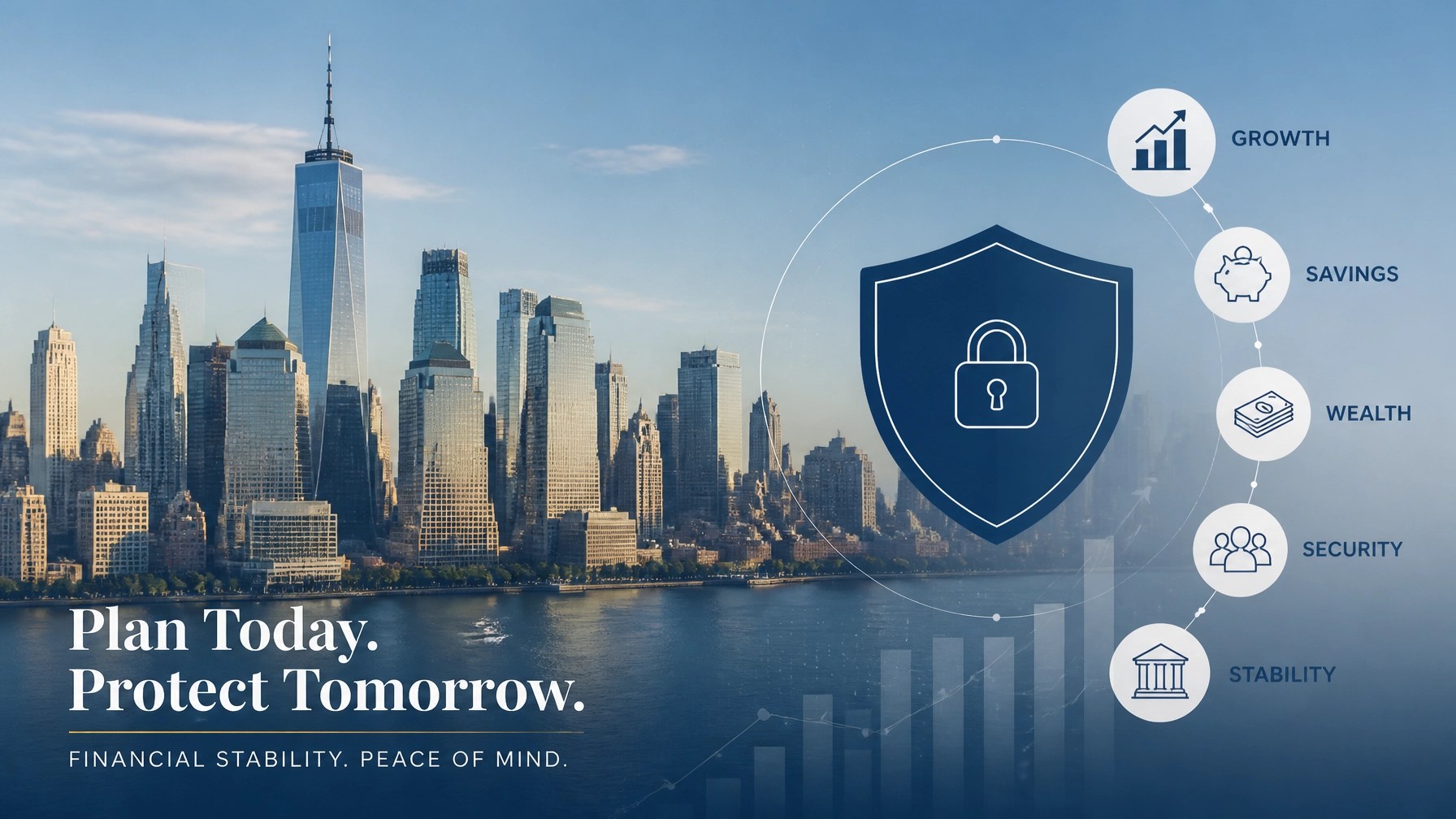Conceptual city background with financial stability graphics