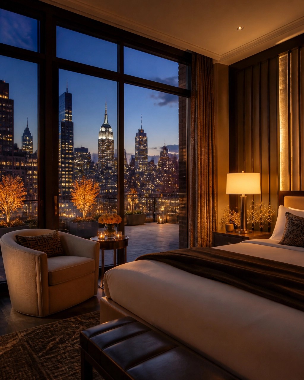 Elegant NYC boutique hotel room with warm lighting and a fall Manhattan skyline view