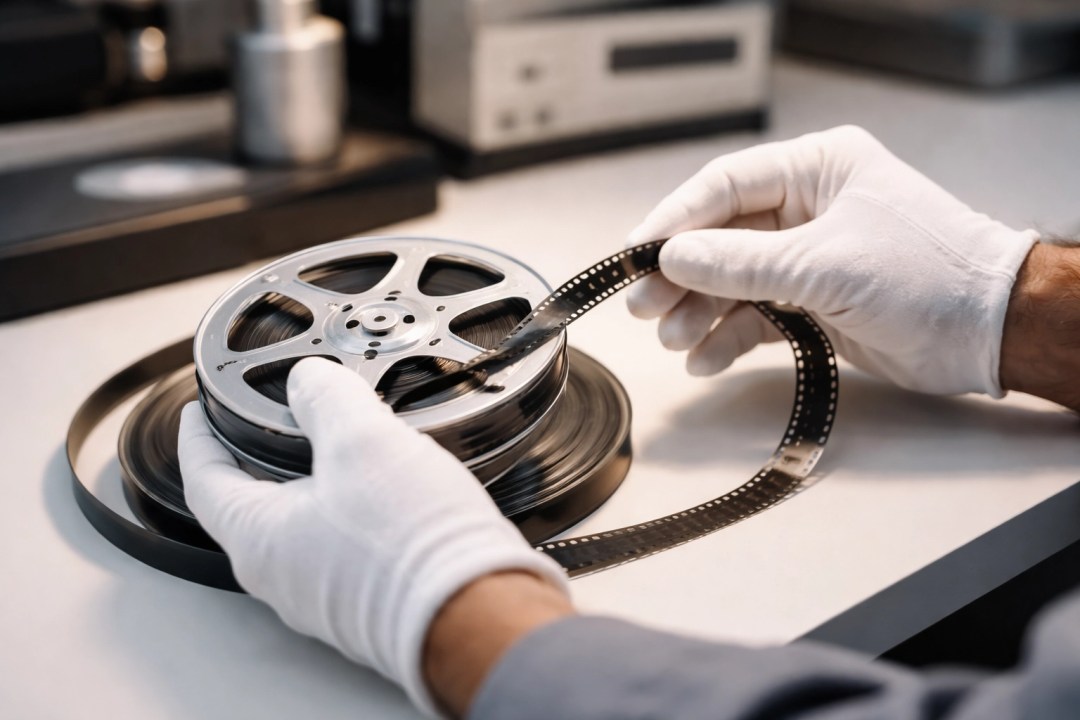 Technician carefully handling 8mm film reel during cleaning process for professional film transfer.