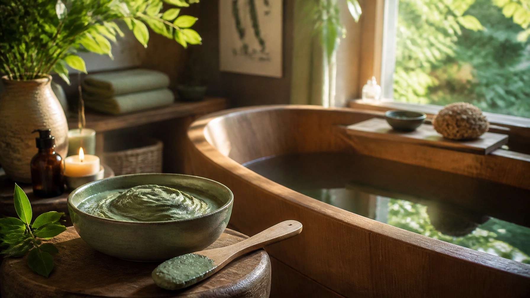 Peaceful bathroom setting with green clay preparation