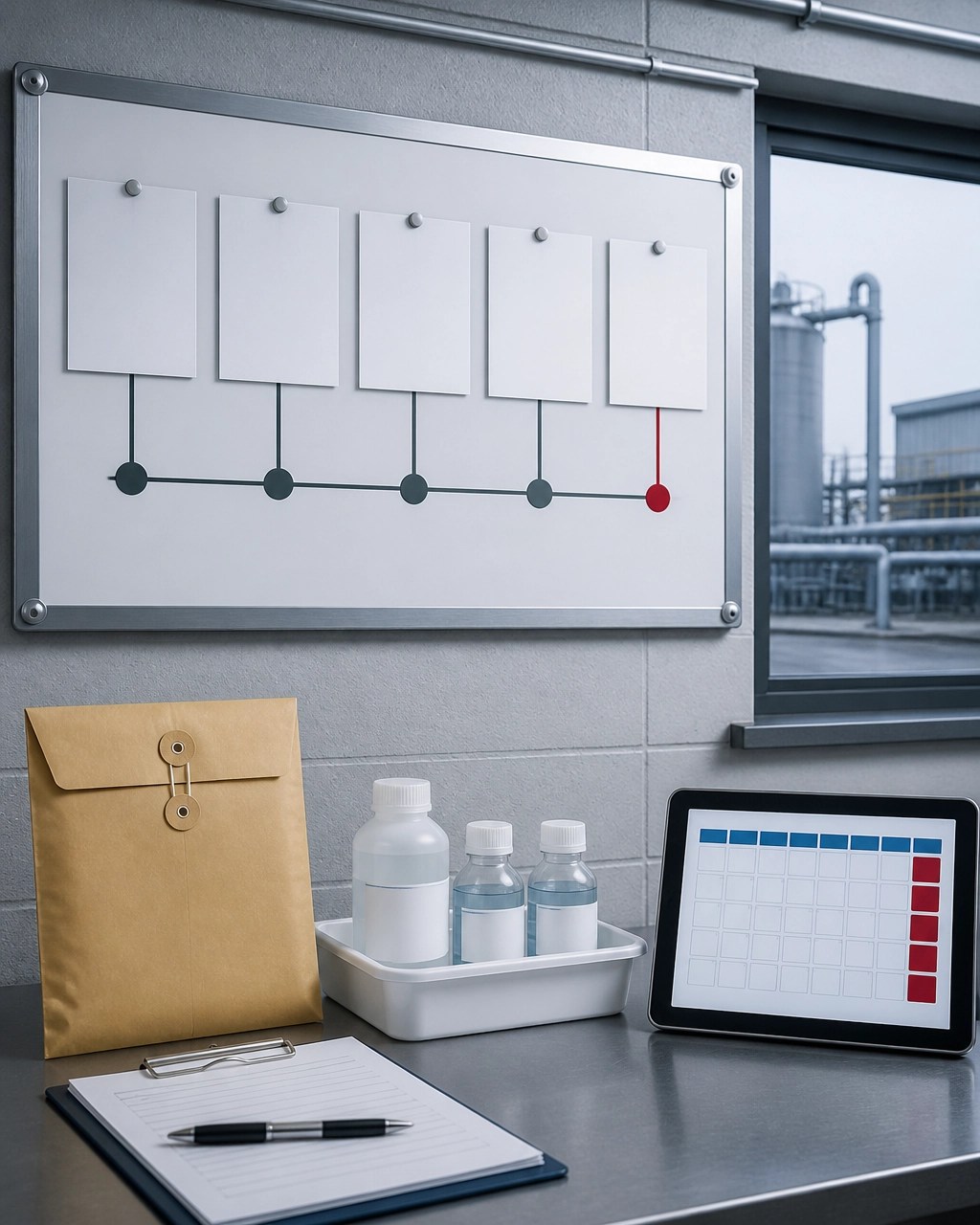 Industrial compliance timeline with blank milestones, filing materials, and environmental chain-of-custody equipment