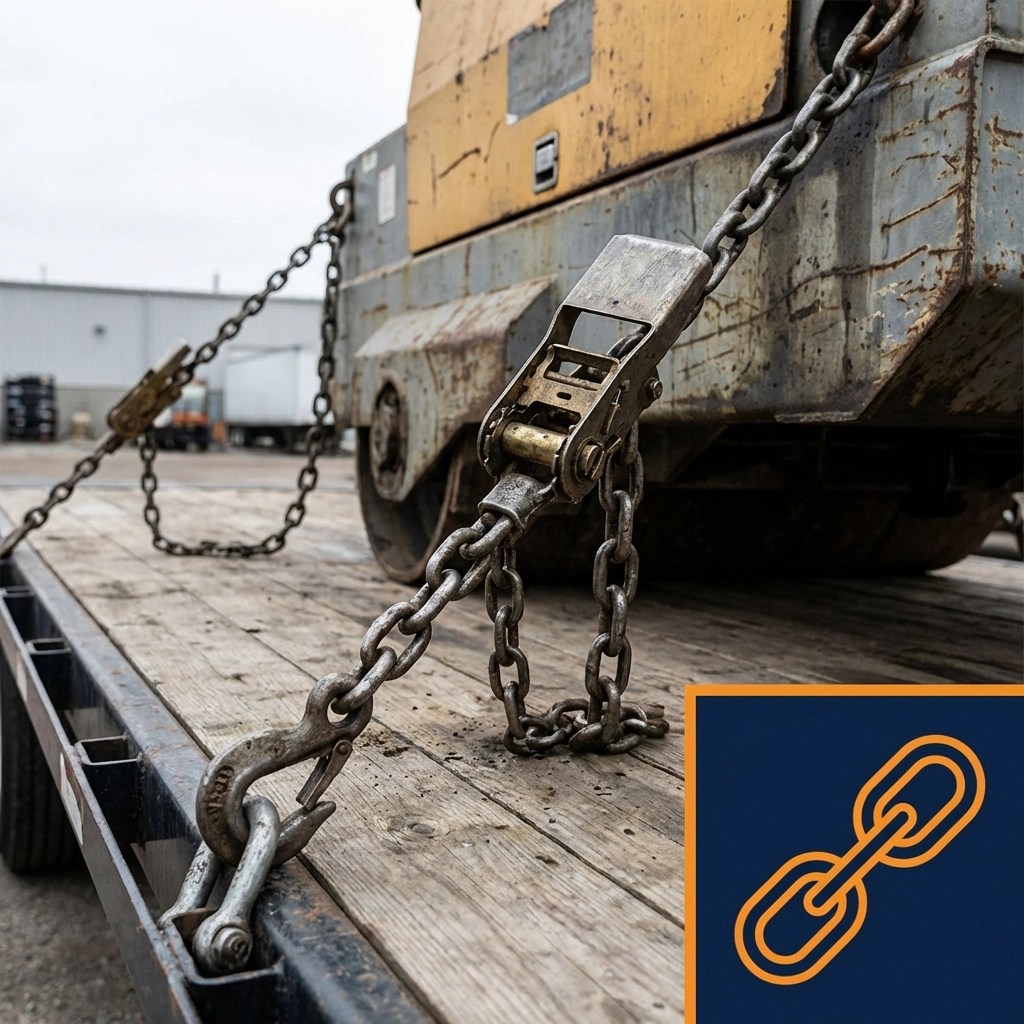 Close-up view of heavy-duty chains securing industrial machinery on a flatbed trailer for load securement in heavy haul trucking