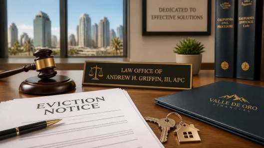 A formal eviction notice, gavel, and house keys illustrate the transition from notice to court proceedings