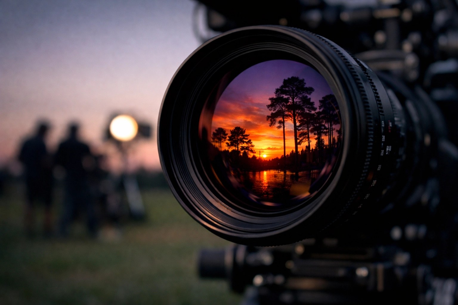 Close-up of a film camera lens reflecting a Georgia sunset, representing the state's thriving media and film industry.