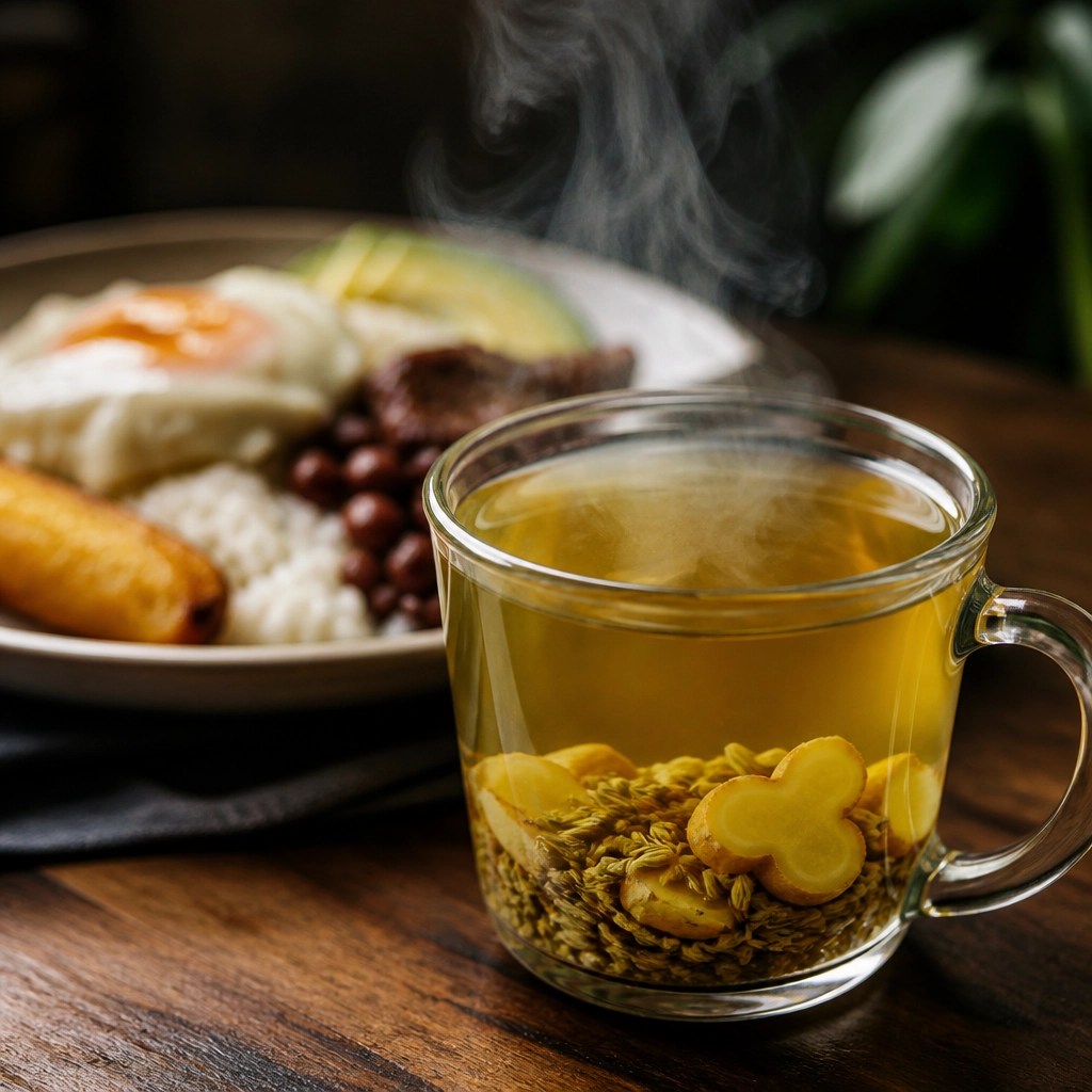 Infusión de jengibre y semillas de hinojo en una mesa de madera