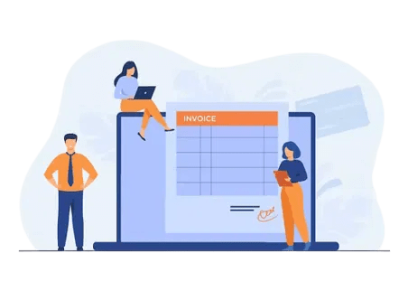 Illustration of three business people collaborating around a large digital invoice, emphasizing clear pricing and streamlined billing.
