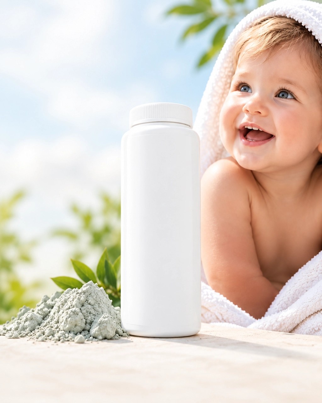Unbranded clay powder container with soft natural green clay texture