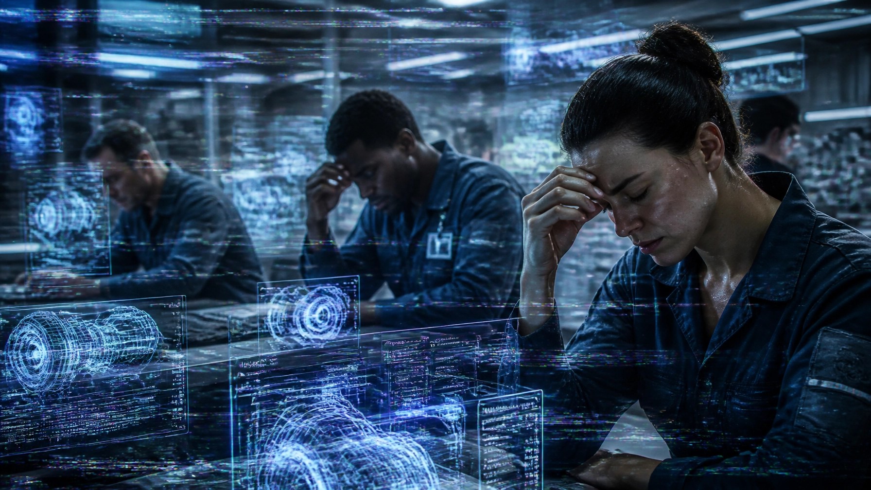 A futuristic depiction of a work crew in a high-tech facility, their environment overlaid with static and digital interference from a chaotic leader.
