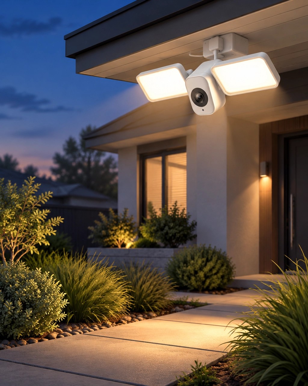Slightly 3D illustration of a white wired floodlight camera under a modern home eave at dusk, casting warm light across a front path