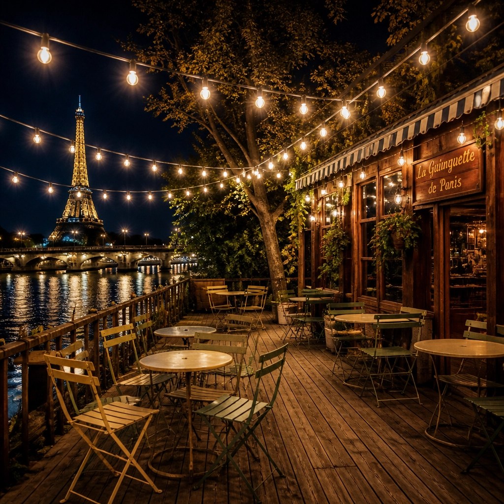A modern Parisian guinguette scene with string lights and empty bistro tables.