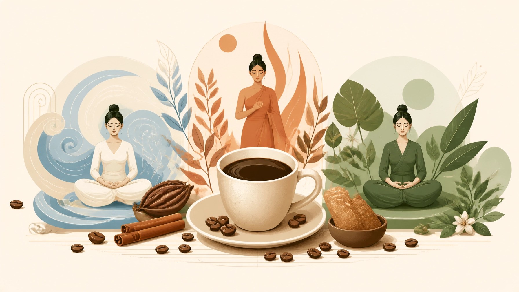 Ilustración de una taza de café rodeada por representaciones equilibradas de los doshas Vata, Pitta y Kapha