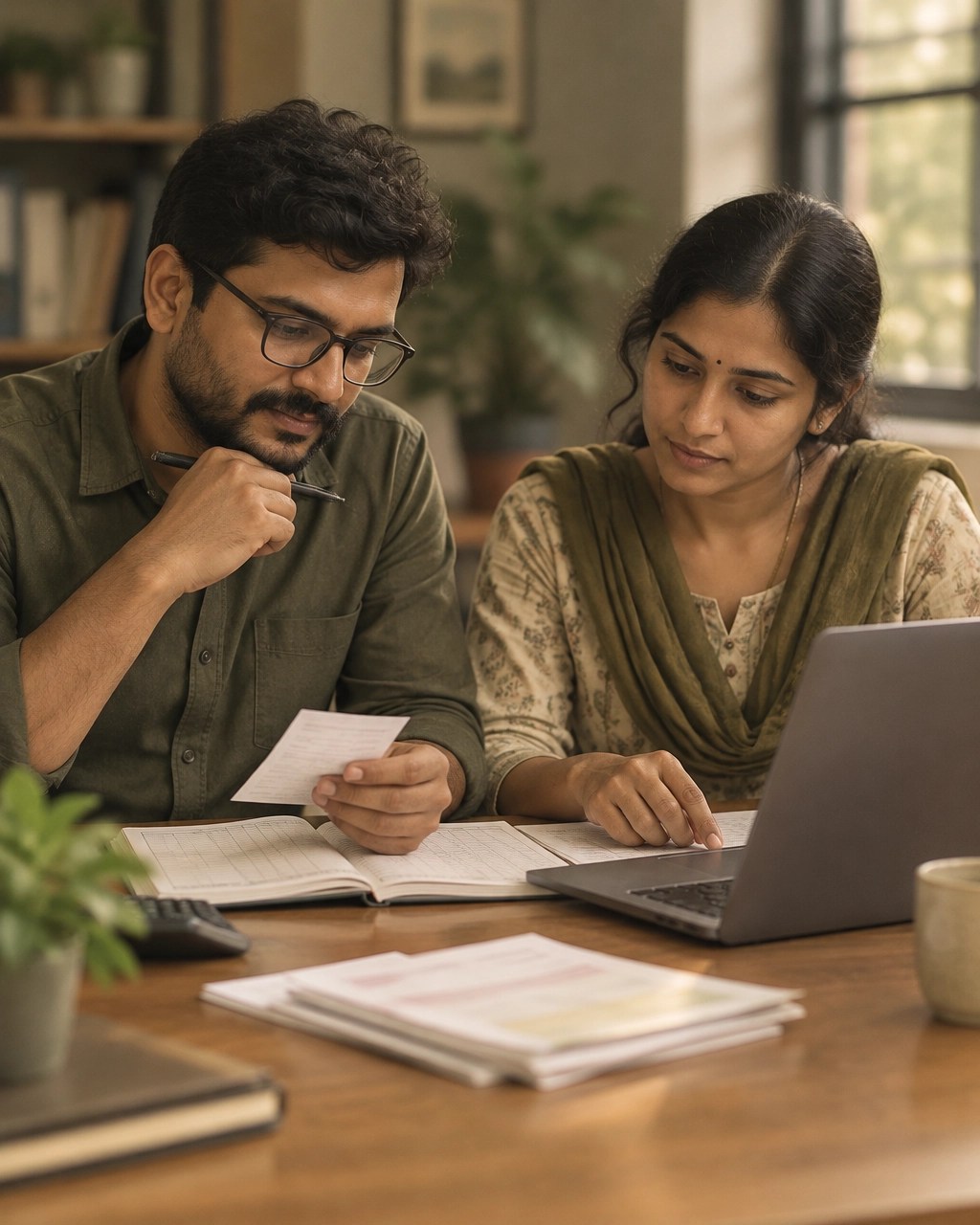 Two NGO colleagues calmly reconciling a ledger and payment slip at a desk