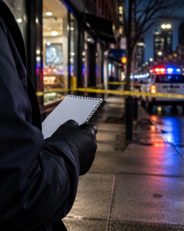 Illustrative close-up of an investigator taking notes near a cordoned city sidewalk; the image does not show actual evidence or investigators in this case