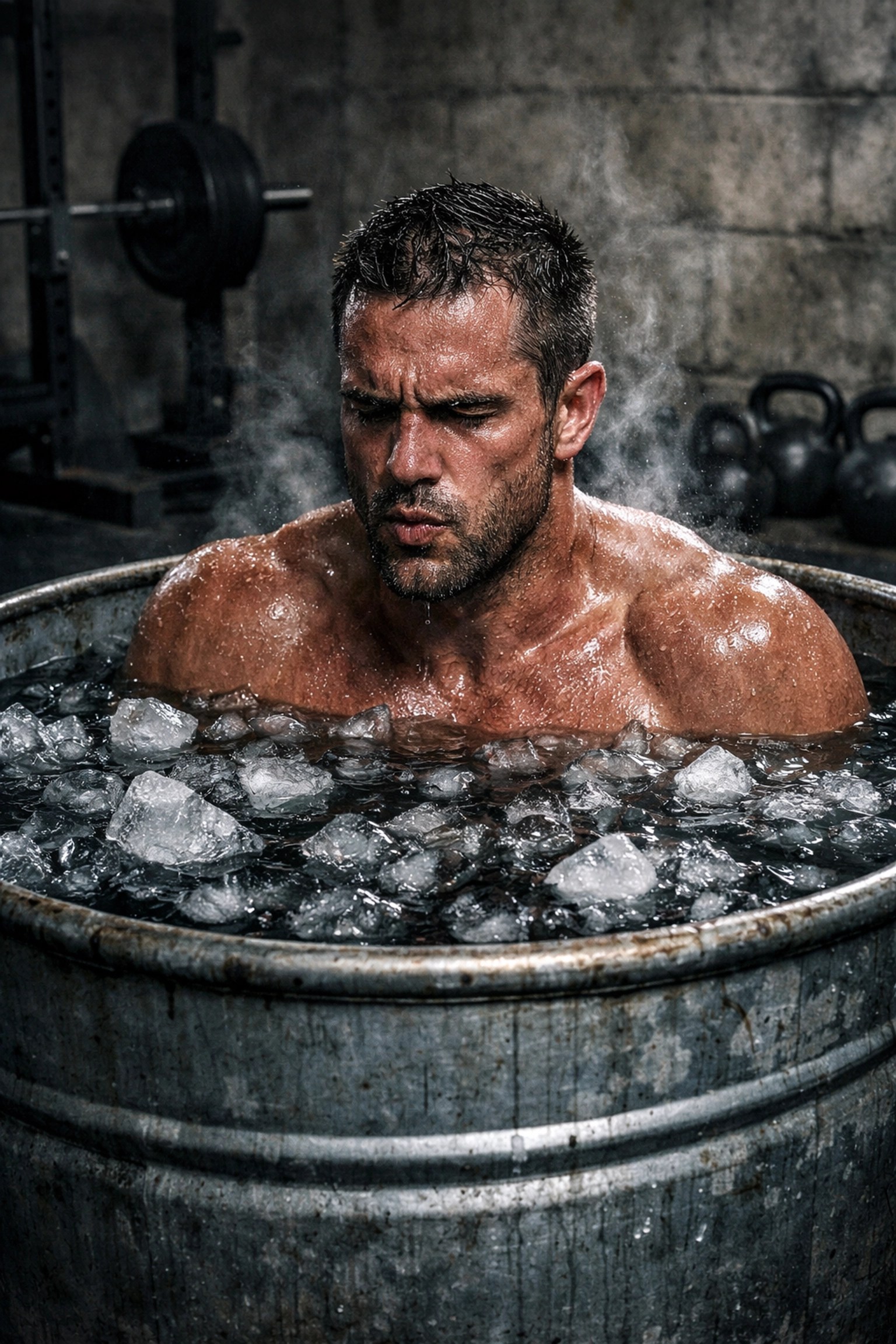 Professional athlete using an ice bath for DOMS recovery and post-workout muscle repair in a home gym.