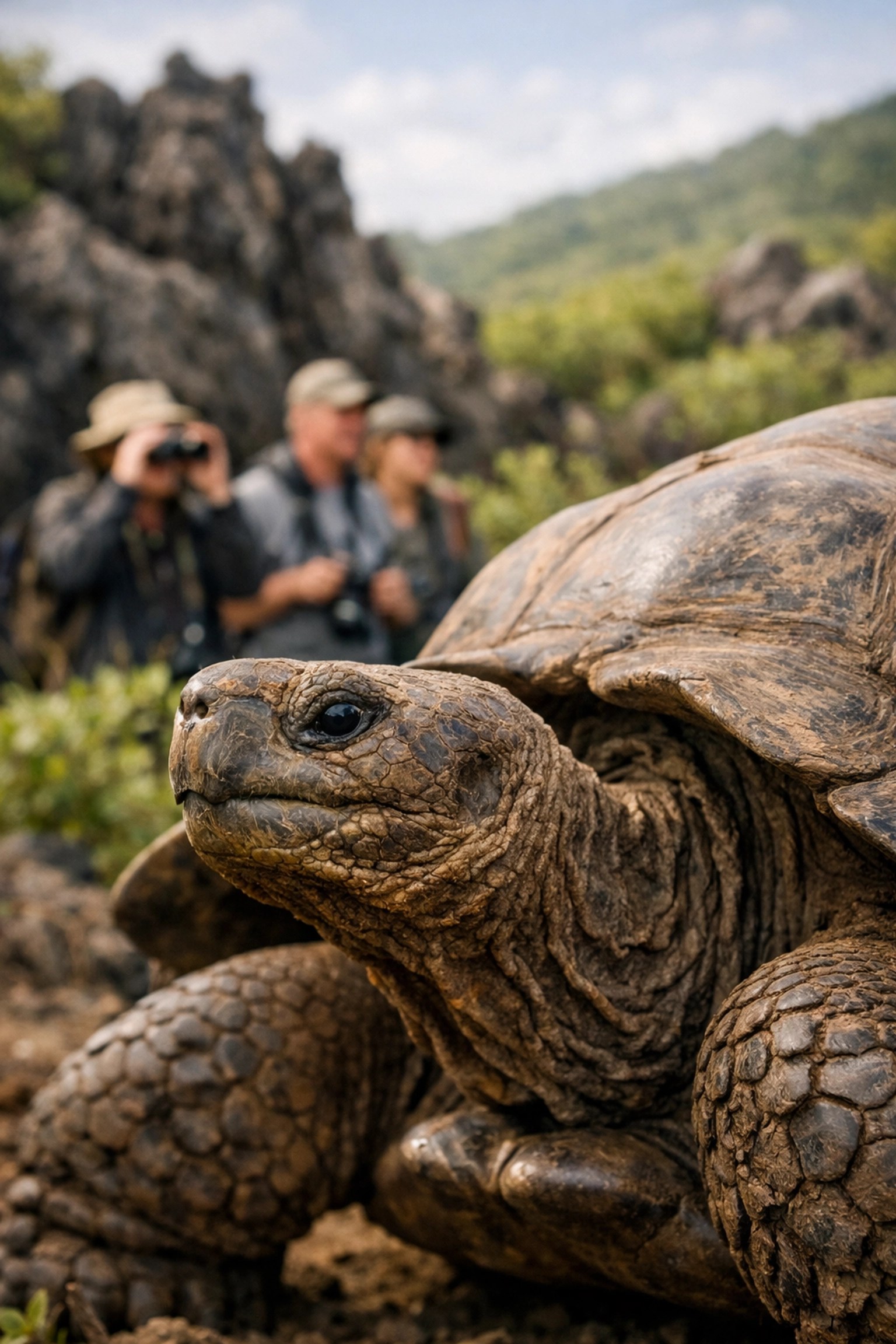 Galápagos giant tortoise with expedition cruise guests on wildlife tour