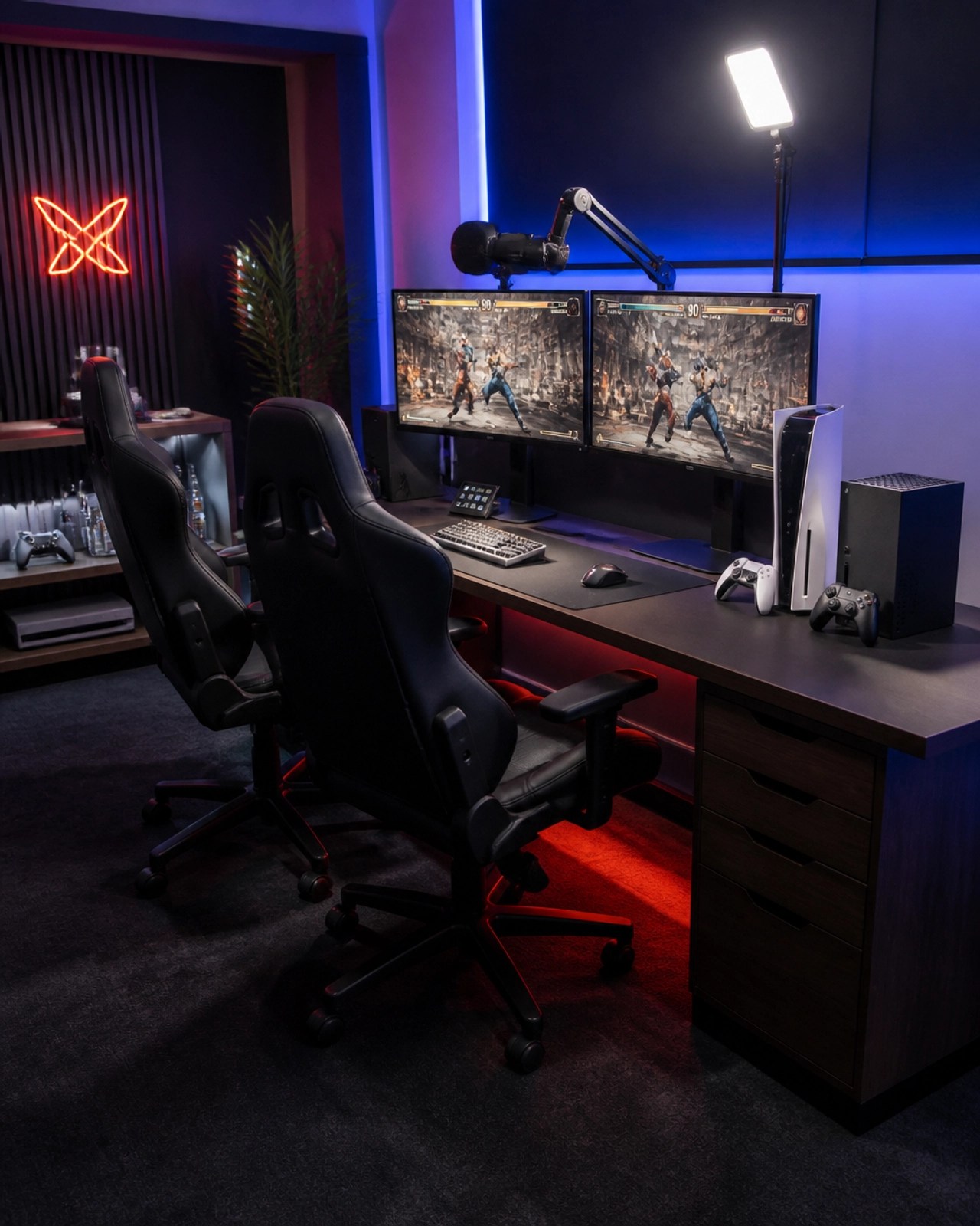 A professional gaming setup, the stage for the upcoming challenge between Baby Chief Do It and Young Jus