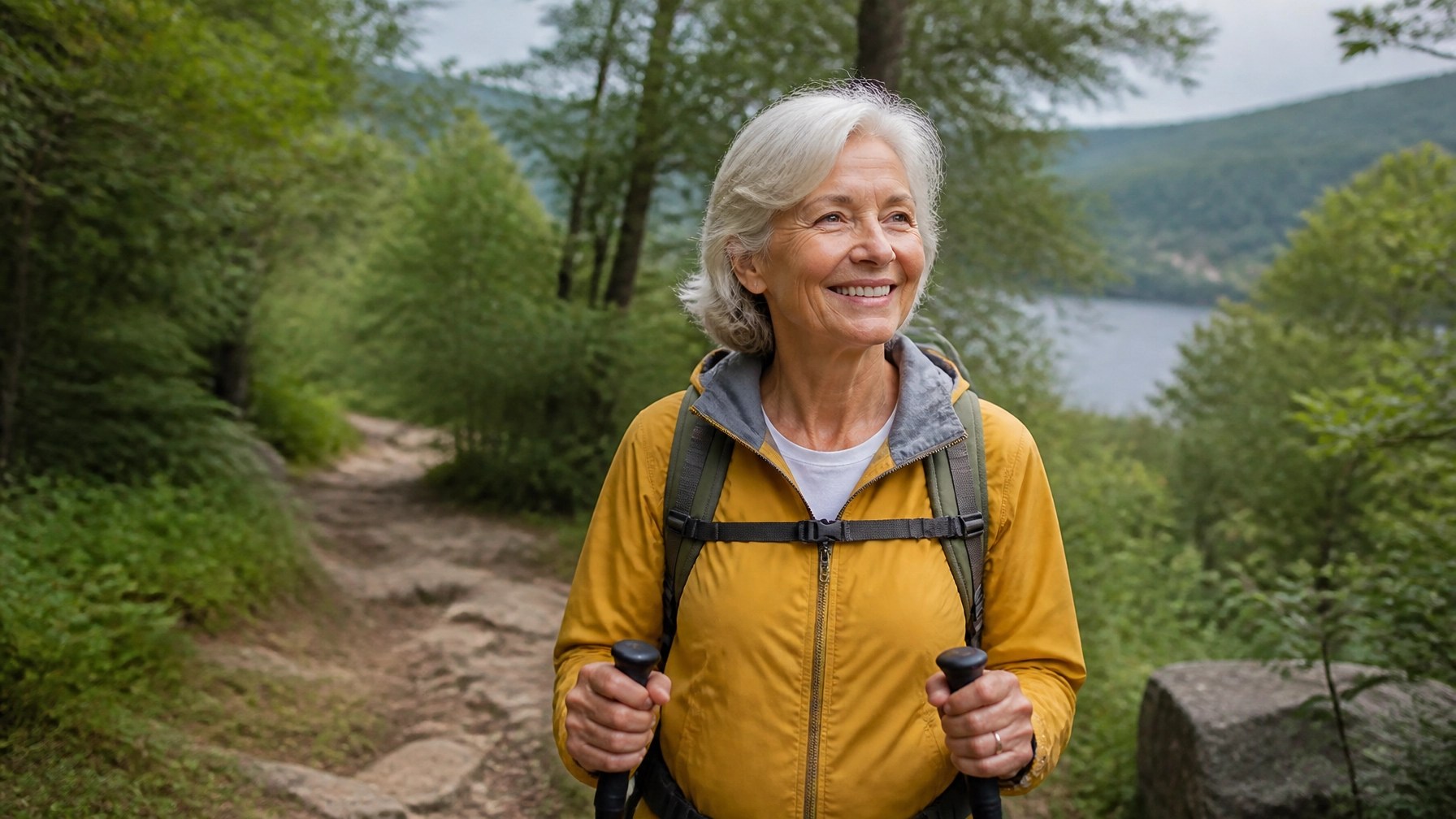A vibrant senior woman enjoying a healthy hike, representing the peace of mind of quality coverage.