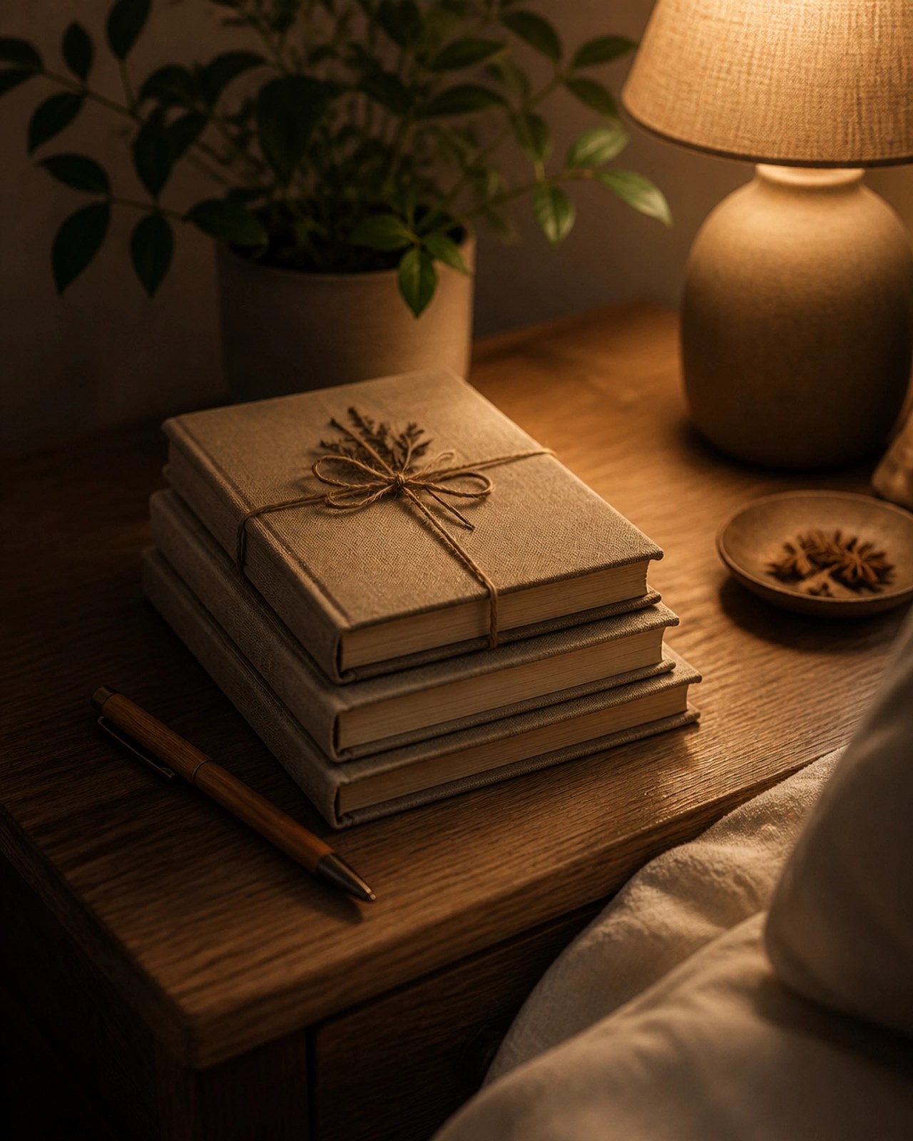 A peaceful evening wind-down scene with linen journals and a wooden pen on an oak table.