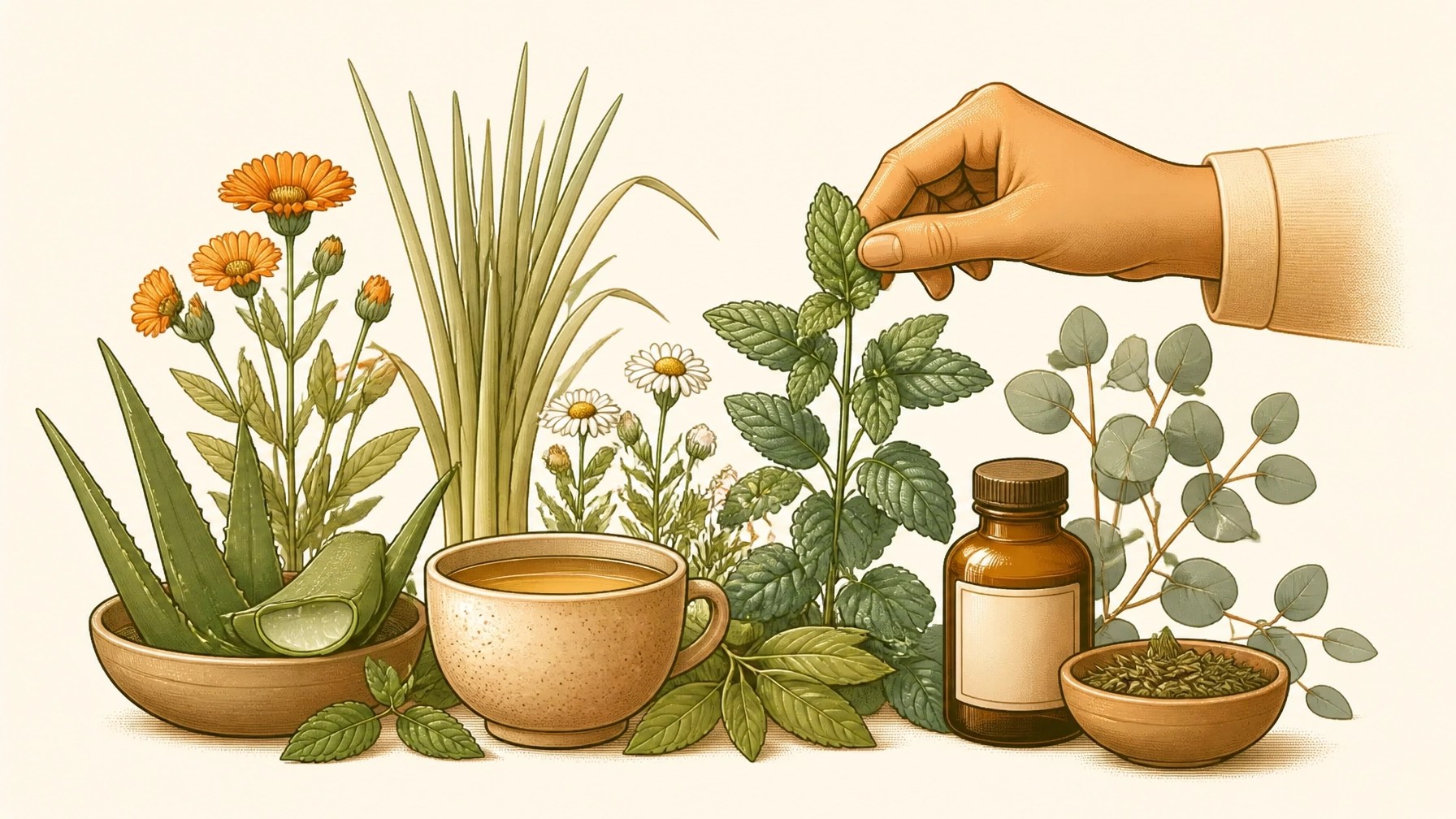 Ilustración de caléndula, manzanilla, limoncillo, hierbabuena, sábila y eucalipto para un uso prudente y educativo