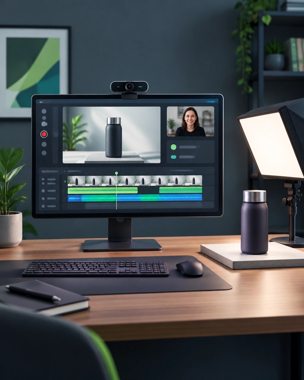 Illustration of a modern webcam and product-video workspace with a monitor and soft lighting