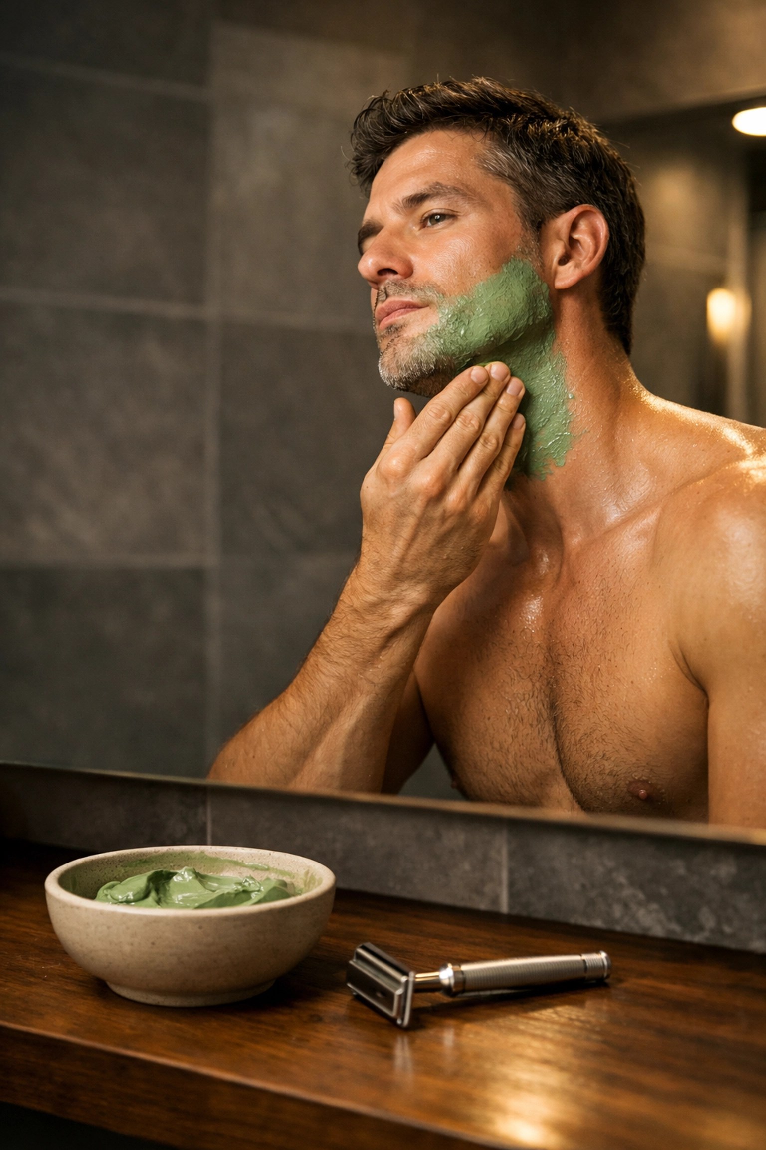Man using green clay as a natural shaving alternative to promote skin healing and cell regeneration.