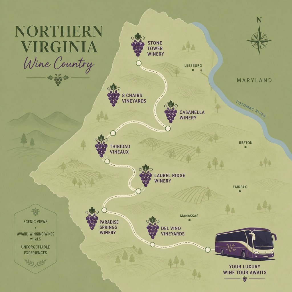 A map of Northern Virginia marked with purple grape icons and a luxury bus route.