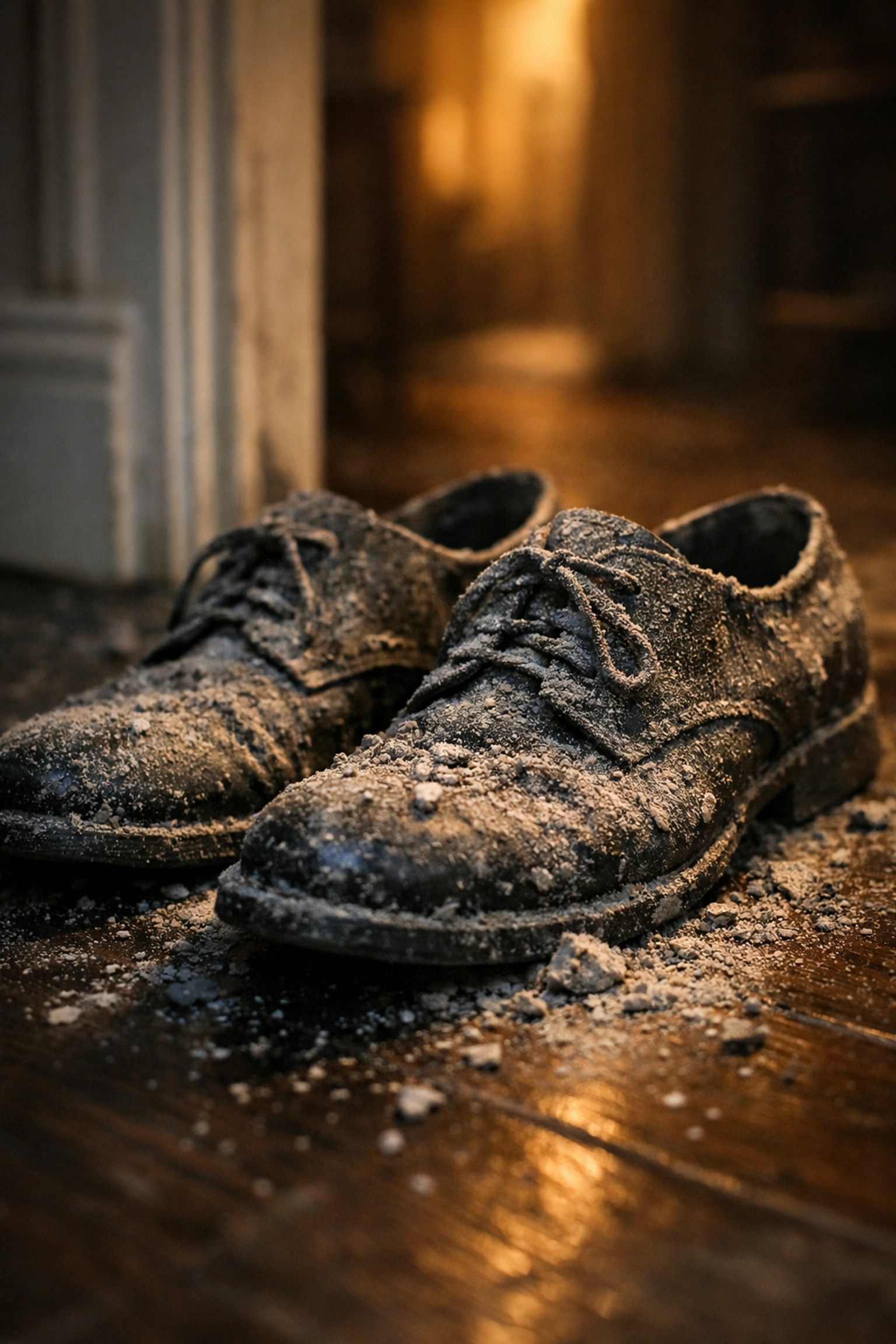 Dust-covered dress shoes on a wooden floor, symbolizing a survivor's long walk home from Wall Street.