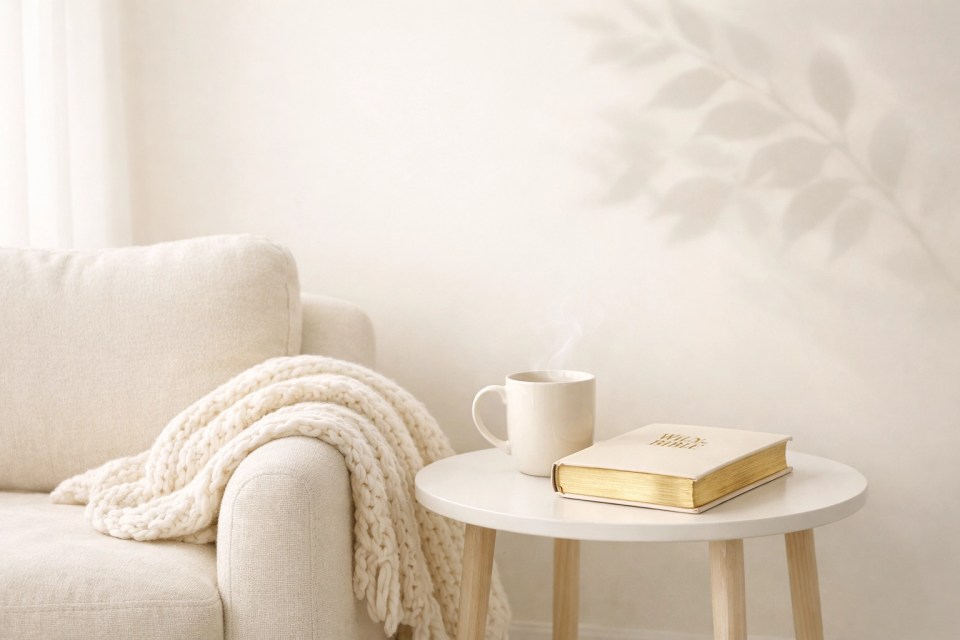 A cozy reading nook with a Bible, illustrating the peace of God and divine rest for the weary soul.