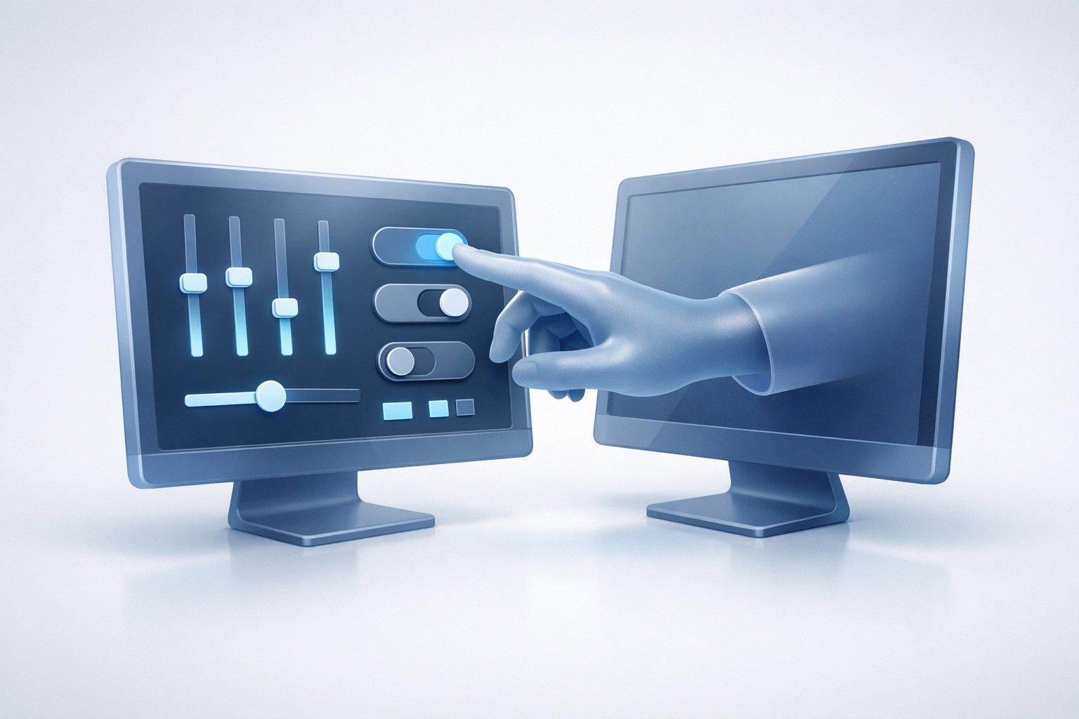 Digital illustration of remote screen sharing and IT support troubleshooting between two computer monitors.