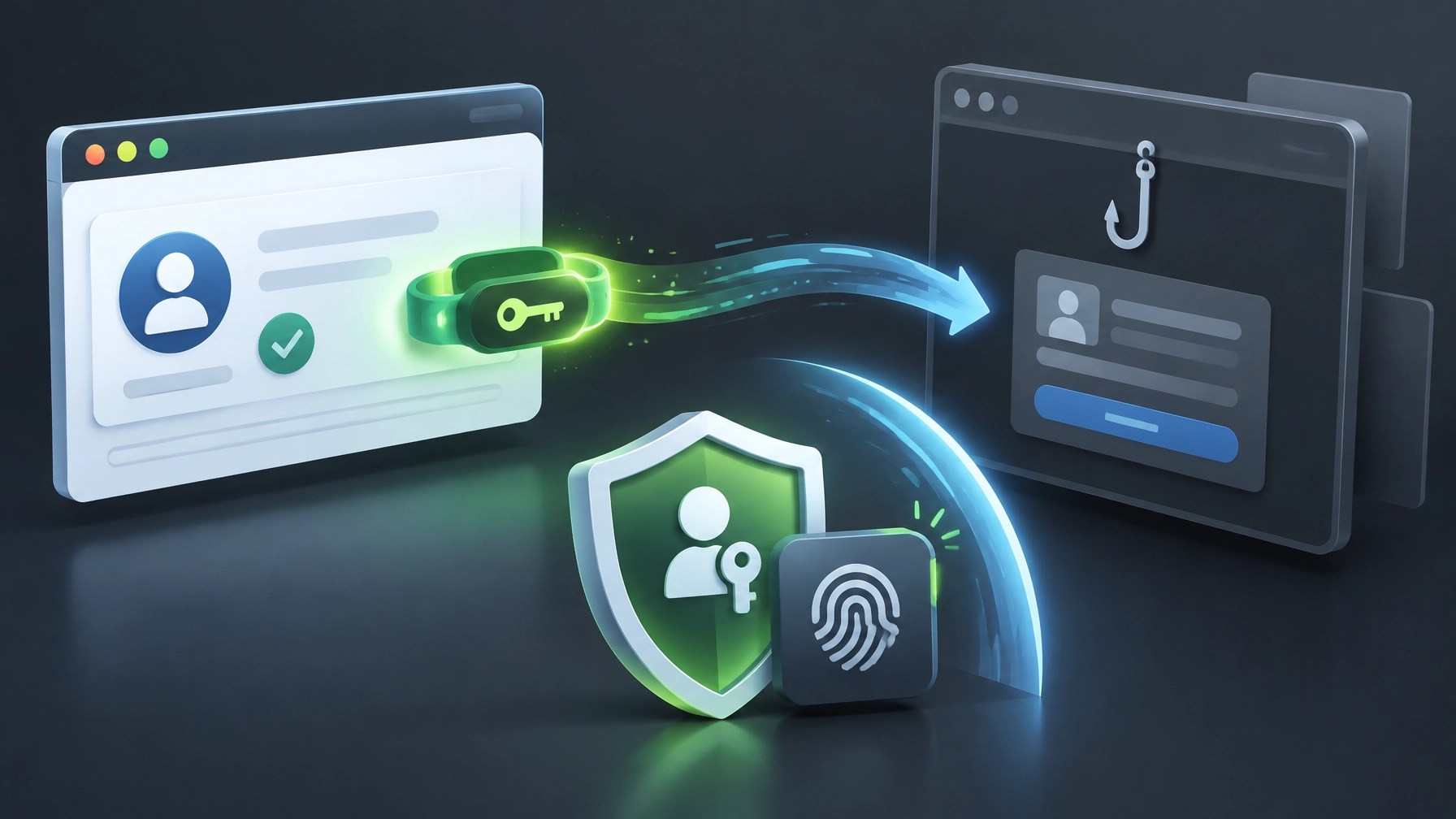 Abstract illustration of a stolen session token being drawn from an account while a shield and passkey suggest protection
