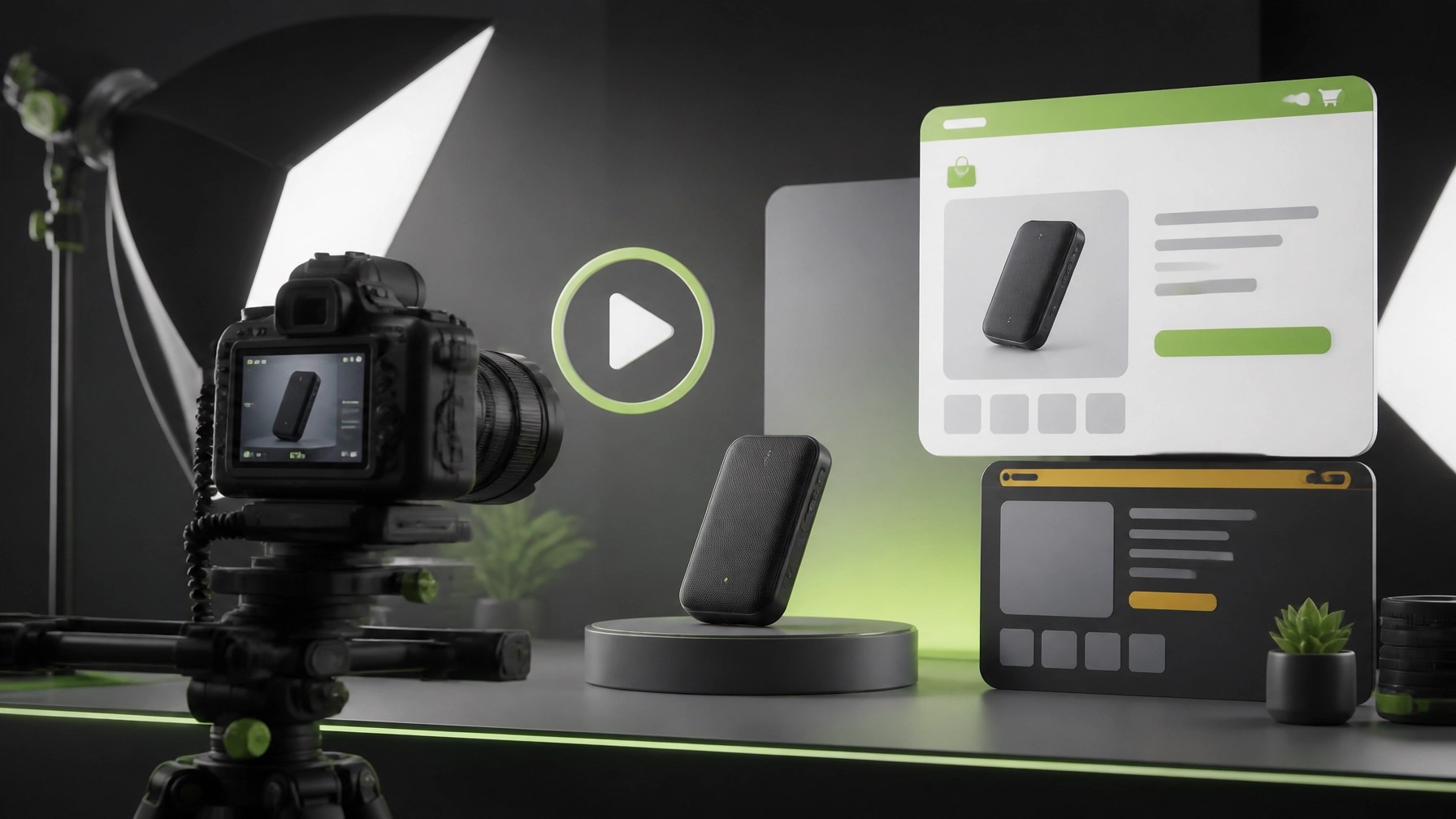 Professional camera filming a consumer gadget in a compact studio with abstract ecommerce storefront panels