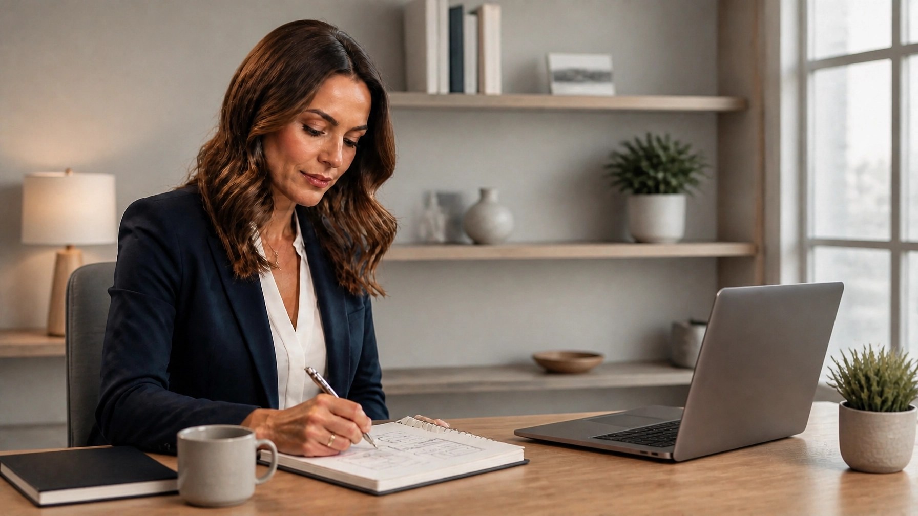 Business consultant planning a consistent LinkedIn content calendar at a clean desk