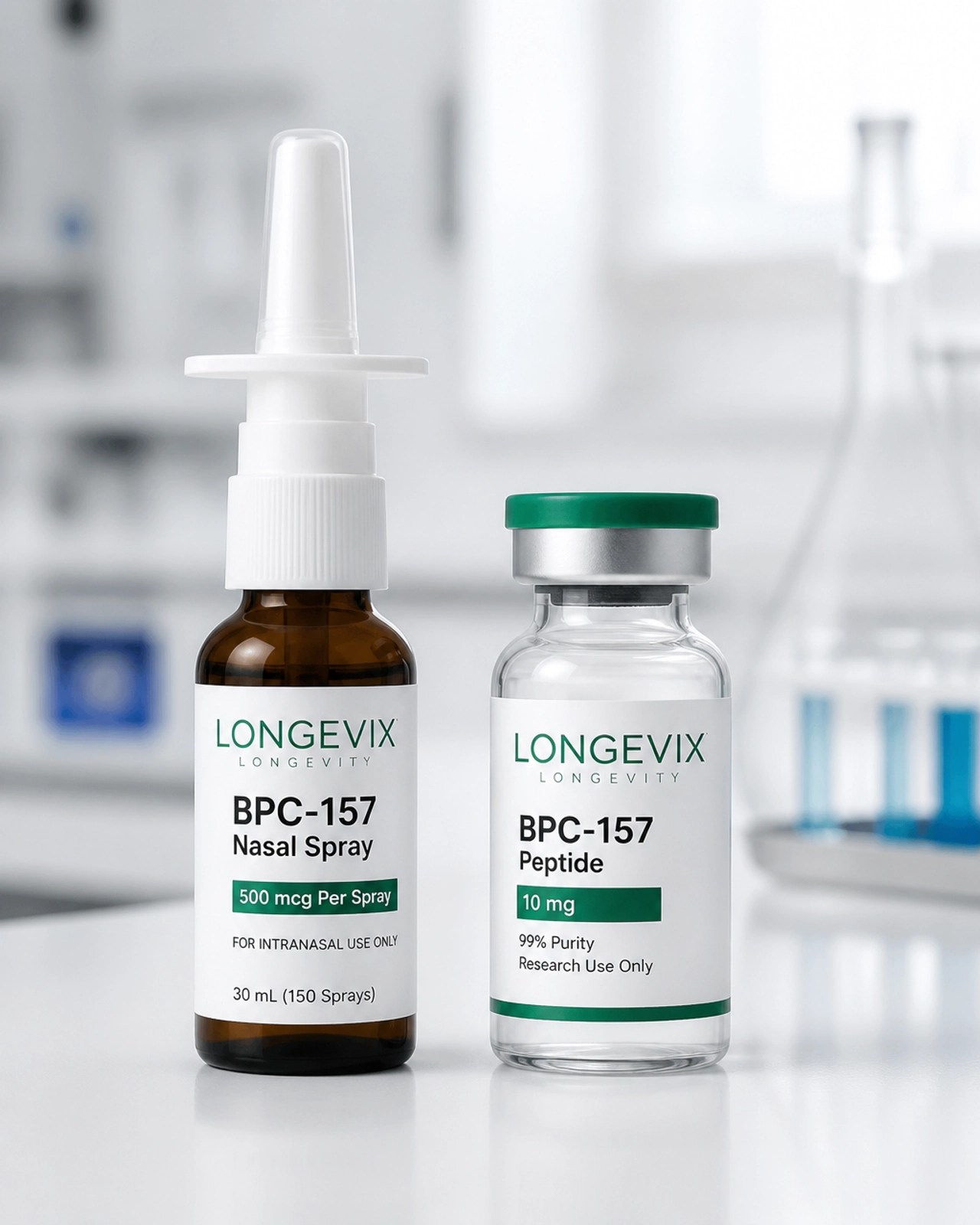 Nasal spray bottle and peptide vial in a clean clinical setting