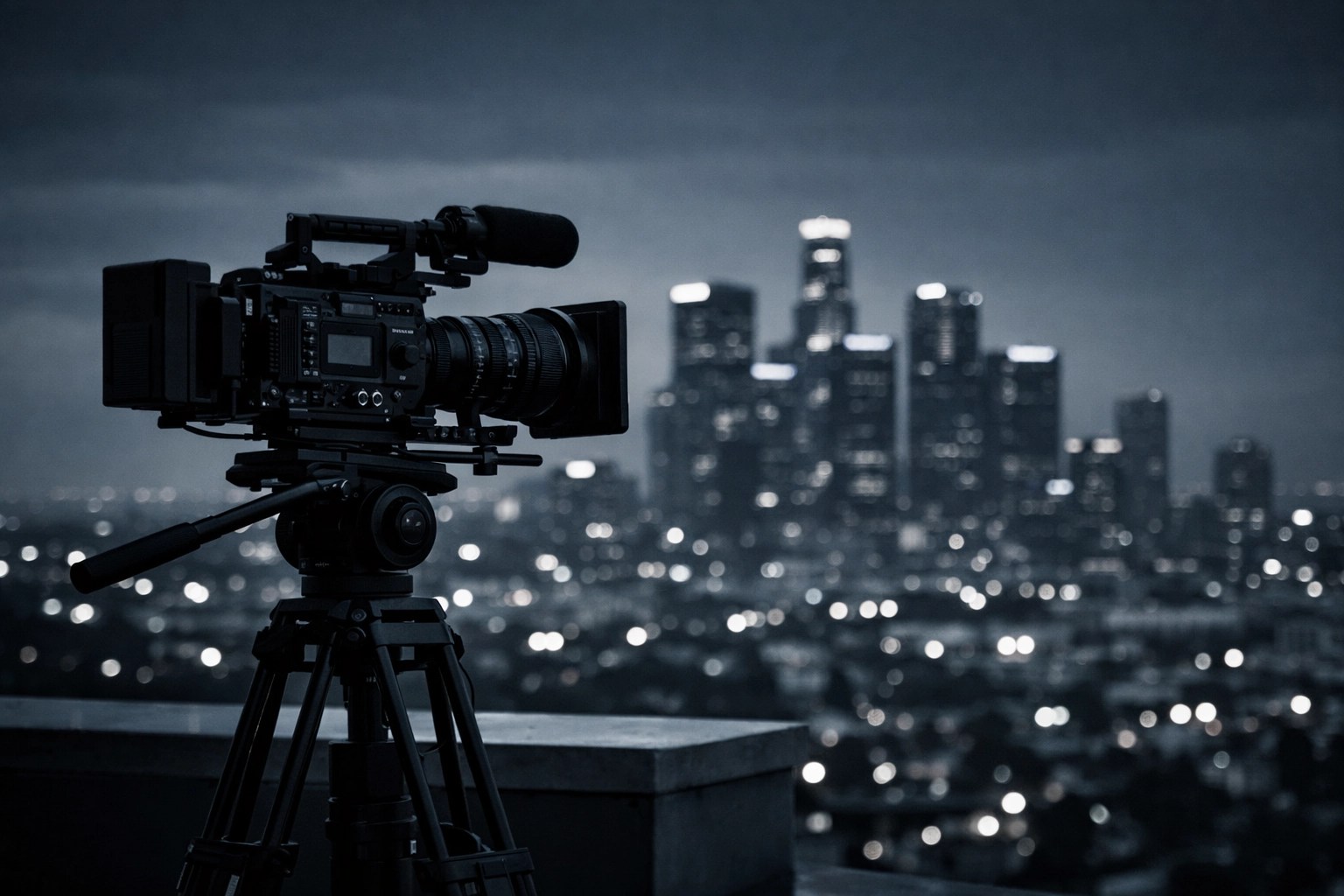Professional videography camera silhouetted against the moody Los Angeles skyline at dusk.