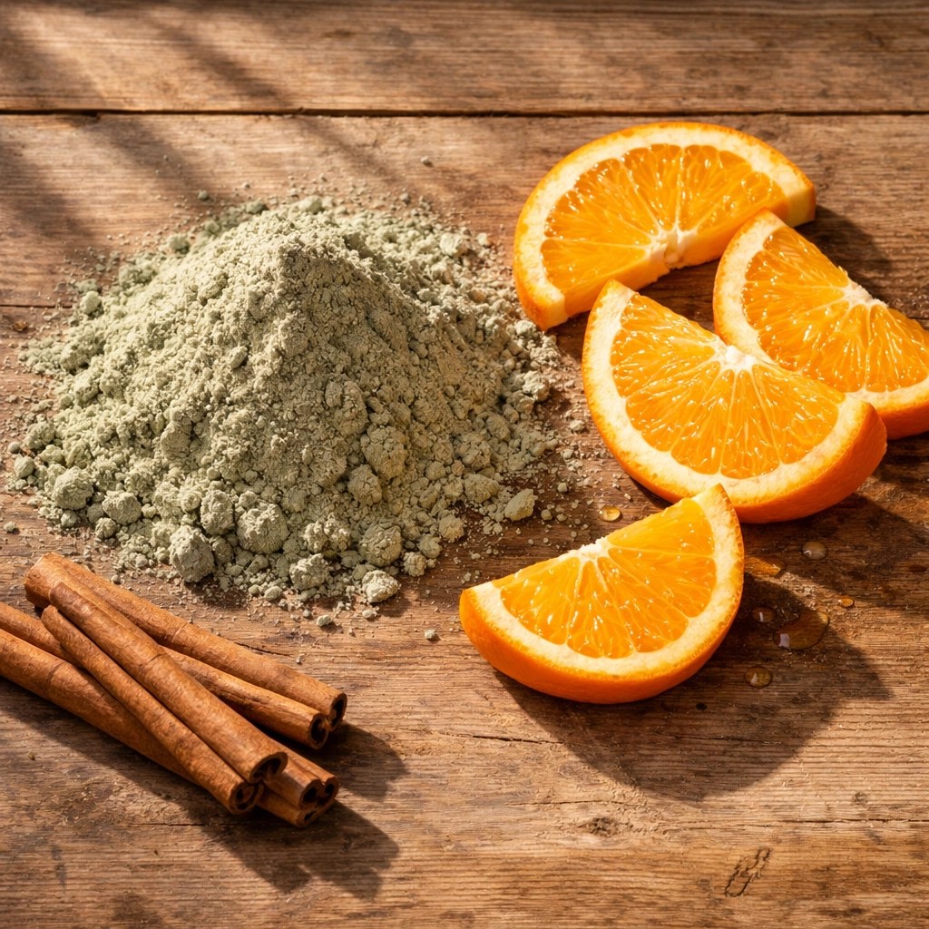 Ingredients for the Warming Glow Mask featuring raw Clayer French green clay, fresh orange slices, and cinnamon sticks.