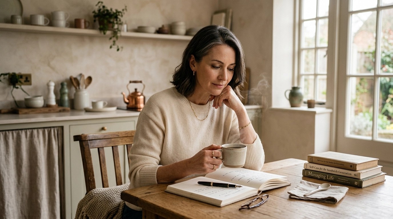 A sophisticated woman at a kitchen table with coffee and a notebook, looking thoughtful in soft natural light