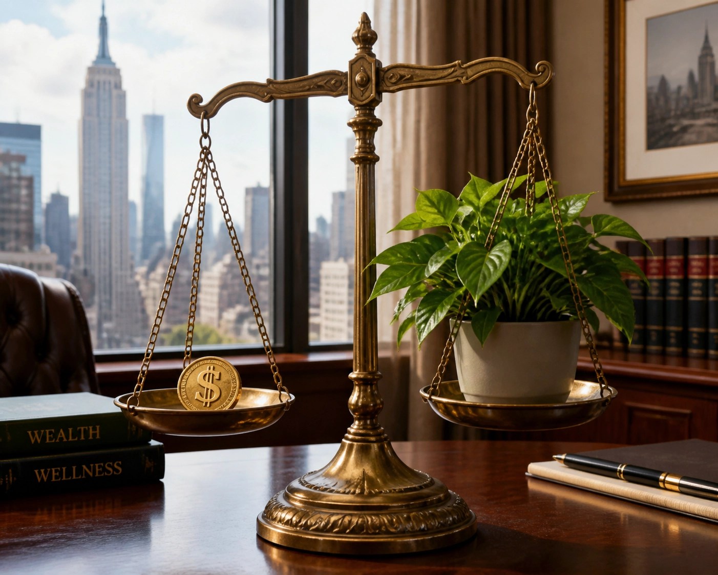 Brass scale balancing insurance premiums with employee health value in a New York office.