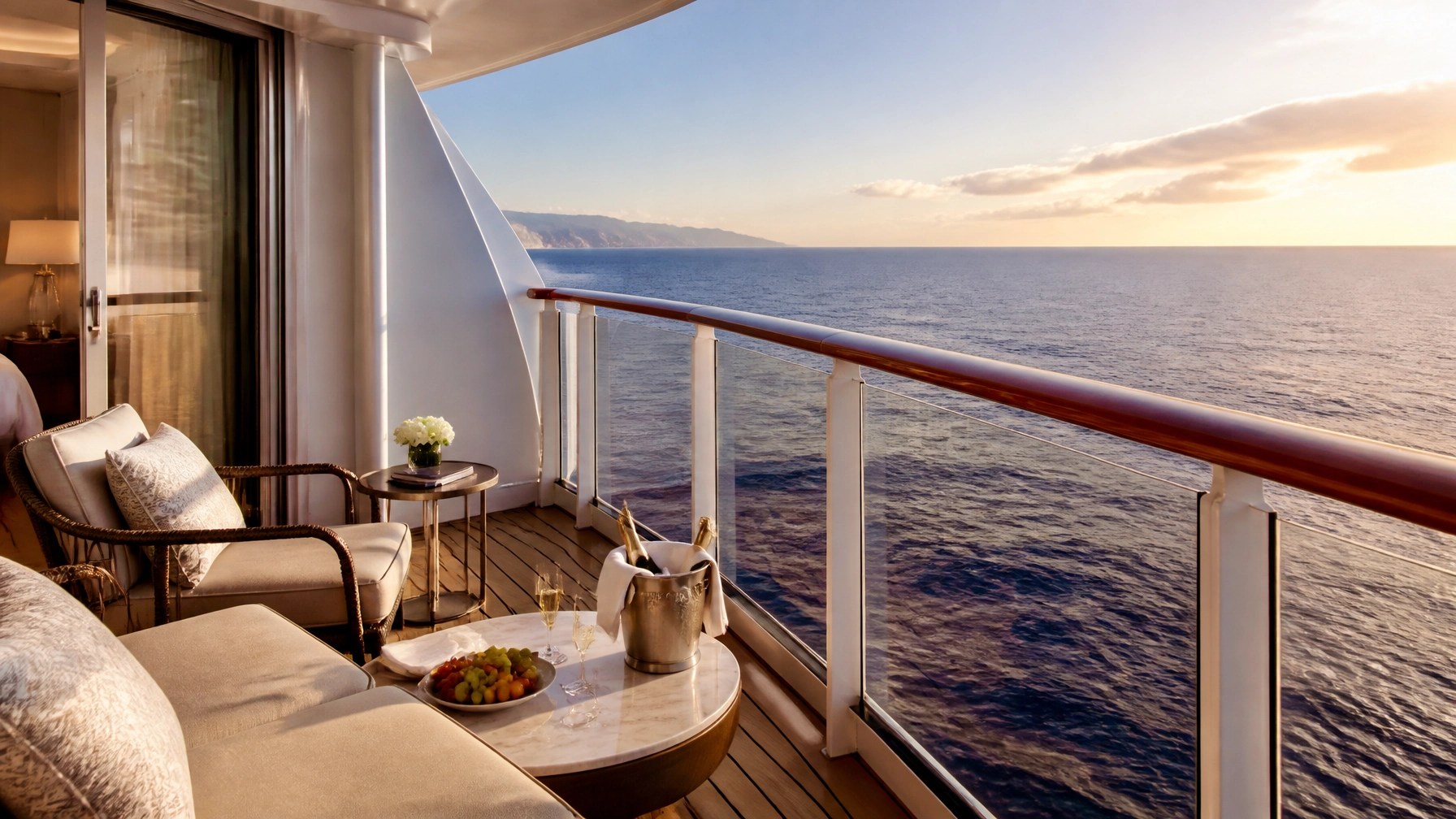 A professional luxury cruise ship balcony view with elegant seating and open ocean, representing travel expertise and calm planning