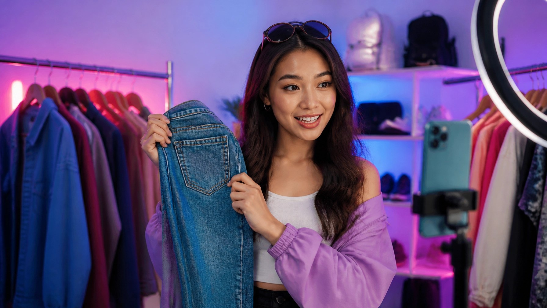 Fashion live seller in a studio with vintage clothing racks, streetwear, ring lights, and branded magenta-purple-blue lighting.