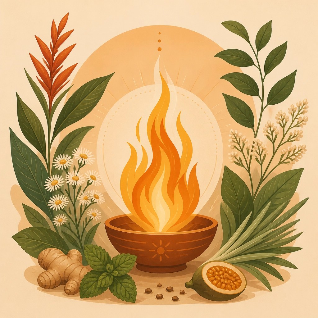 Ilustración digital de una llama central simbolizando el Agni o fuego digestivo, rodeada de elementos botánicos sutiles
