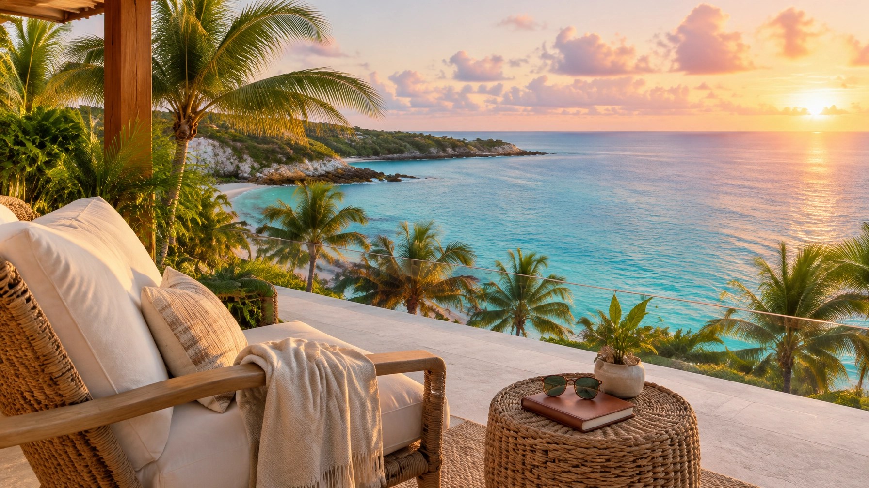 Sunrise resort balcony overlooking turquoise water with a notebook, sunglasses, and a peaceful luxury vacation atmosphere
