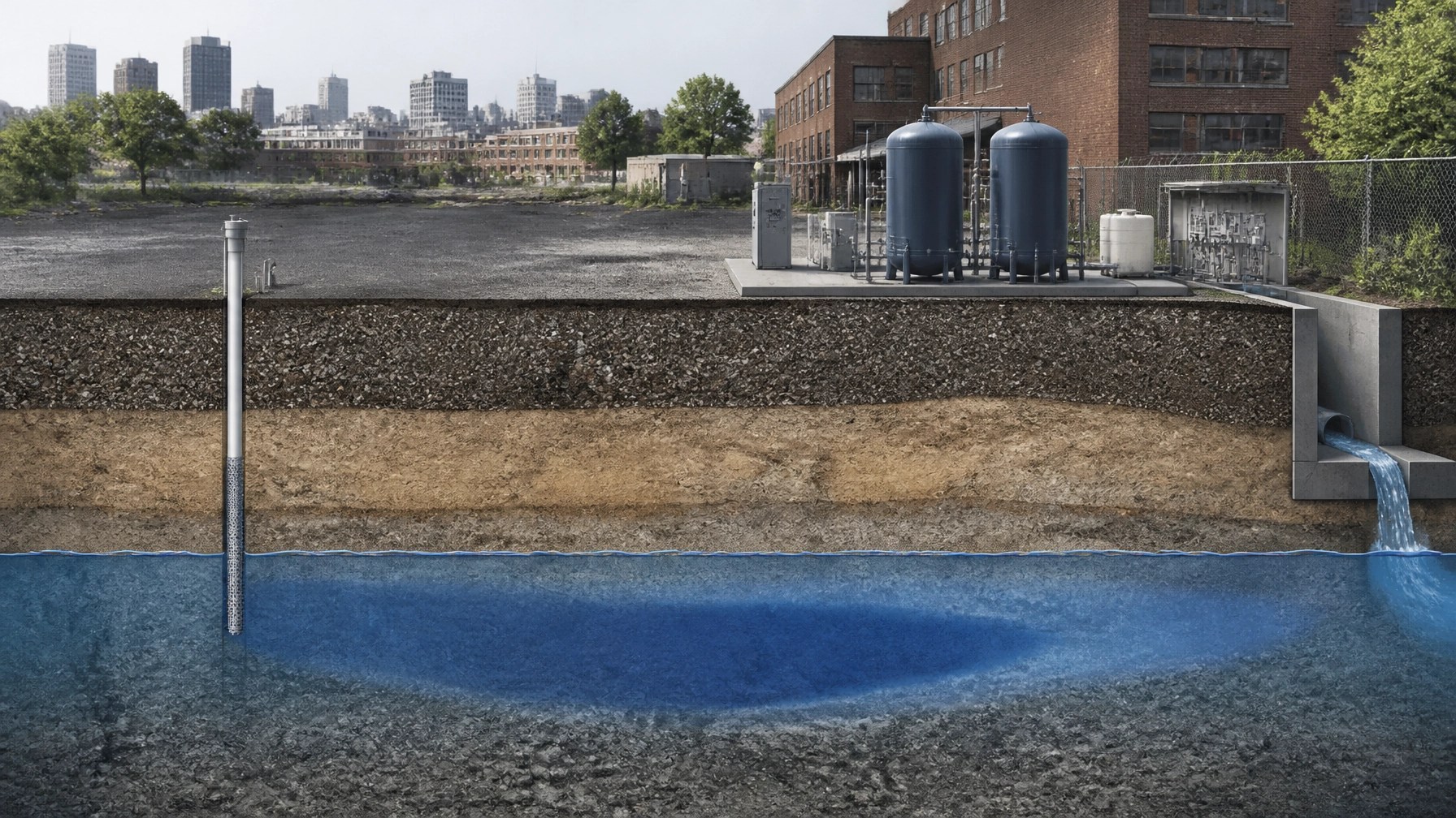 Technical cross-section showing PFAS sampling points, soil layers, groundwater, and a treatment train at an urban New Jersey redevelopment site