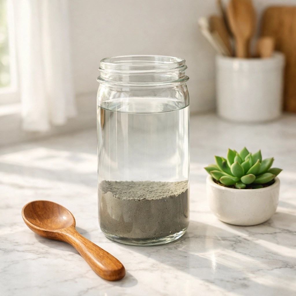 A glass jar of bentonite clay water on a counter showing the settling method for safe internal use.