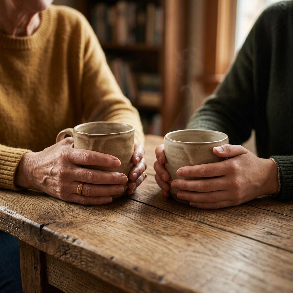 Two people holding warm mugs, representing the quiet, intentional space needed for meaningful conversation.