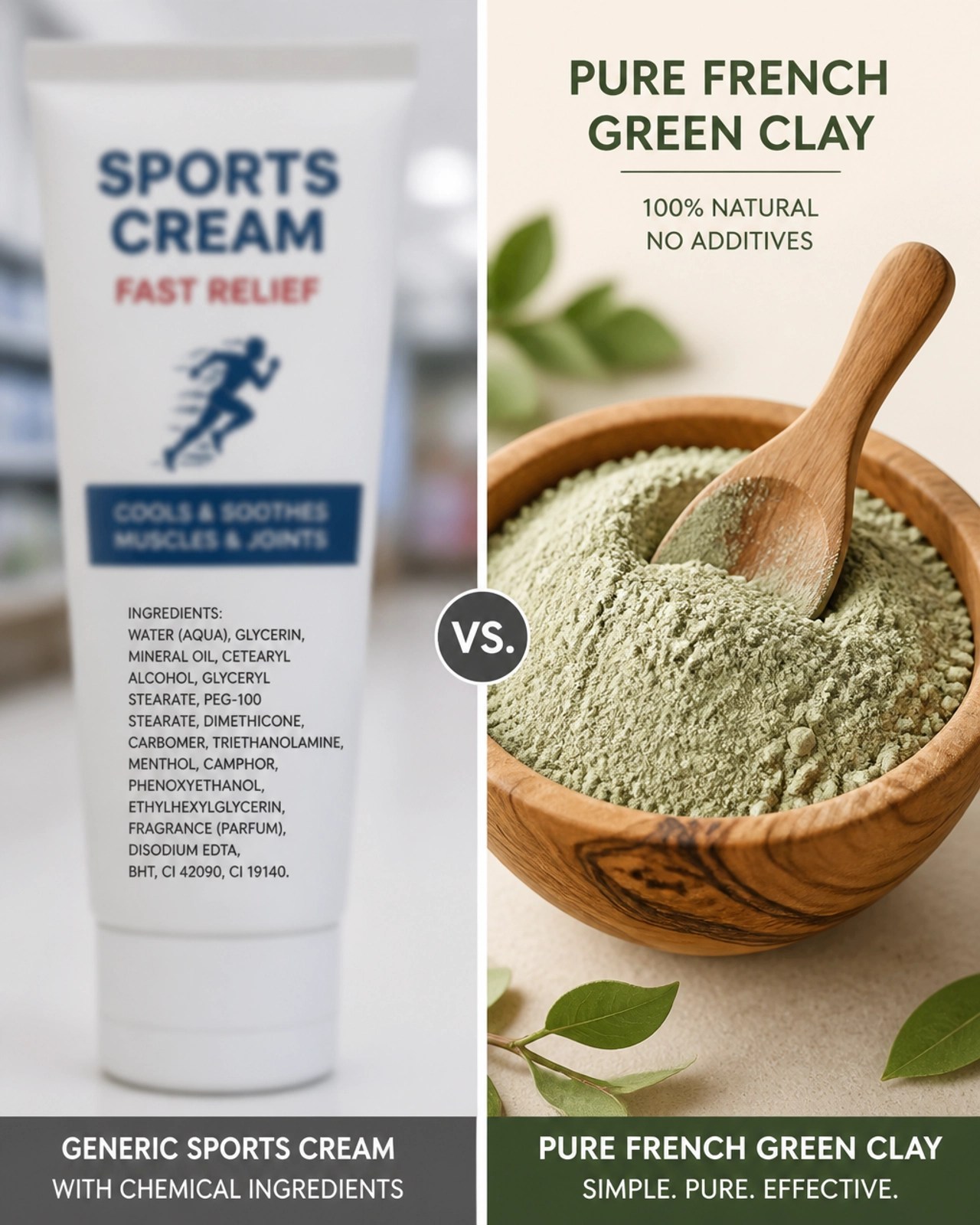 Split screen showing generic sports cream vs. pure French green clay