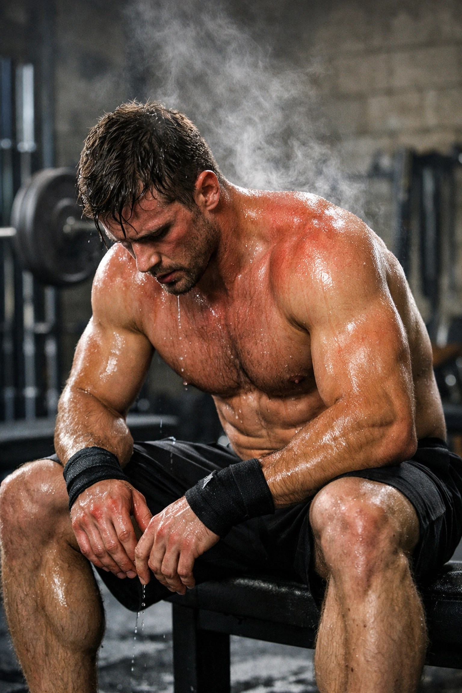 Sweaty athlete resting after a workout to prioritize muscle recovery and sports performance.
