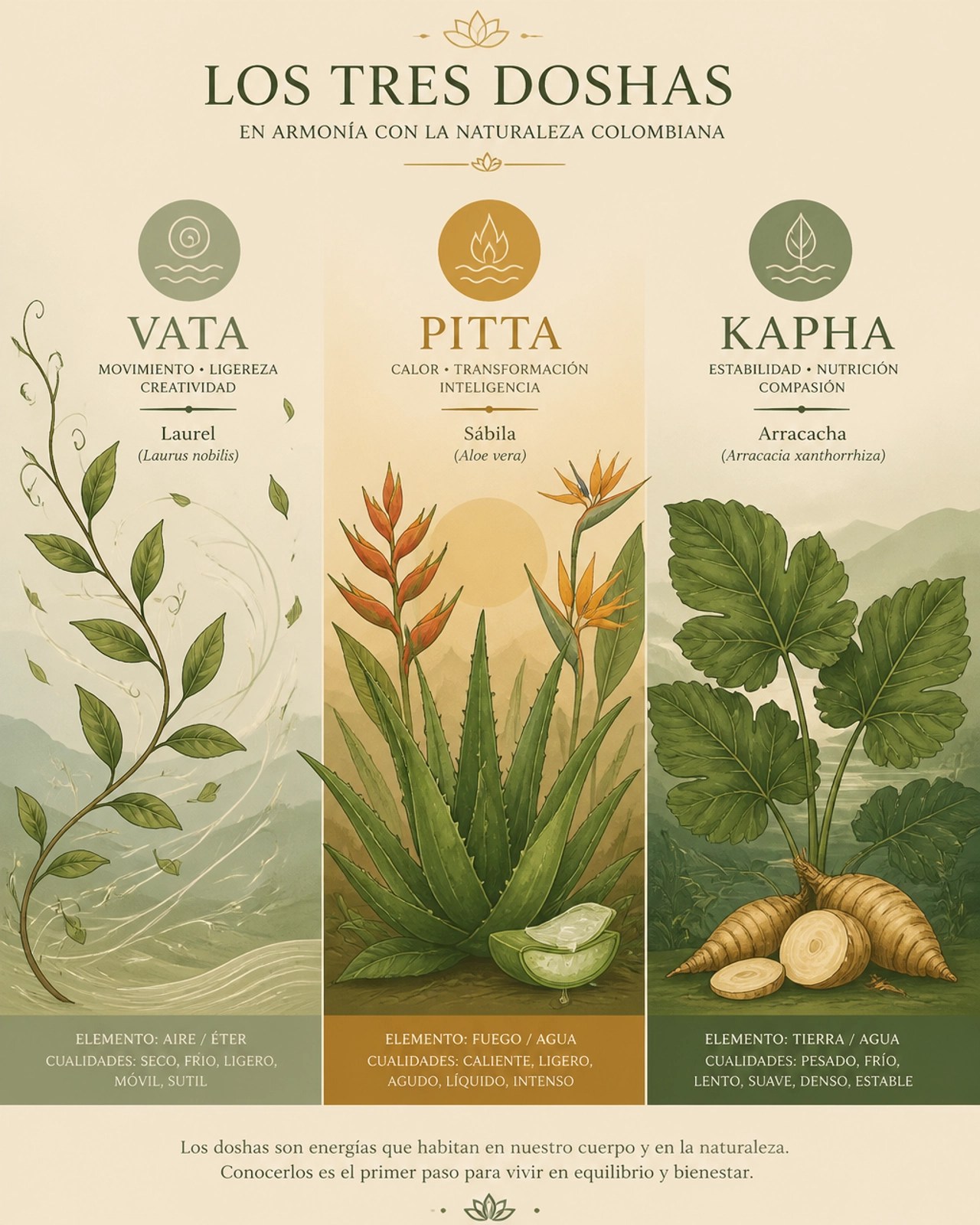 Ilustración de los tres doshas integrados con la flora colombiana, representando el equilibrio entre Vata, Pitta y Kapha.