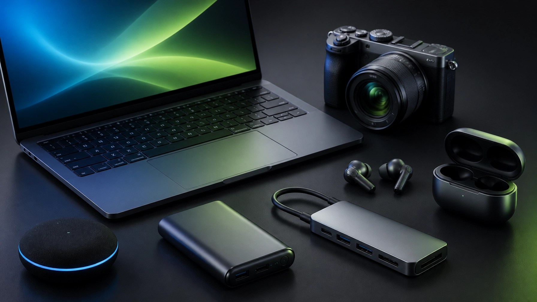 Premium electronics review setup featuring a laptop, mirrorless camera, earbuds, USB-C hub, and portable power bank