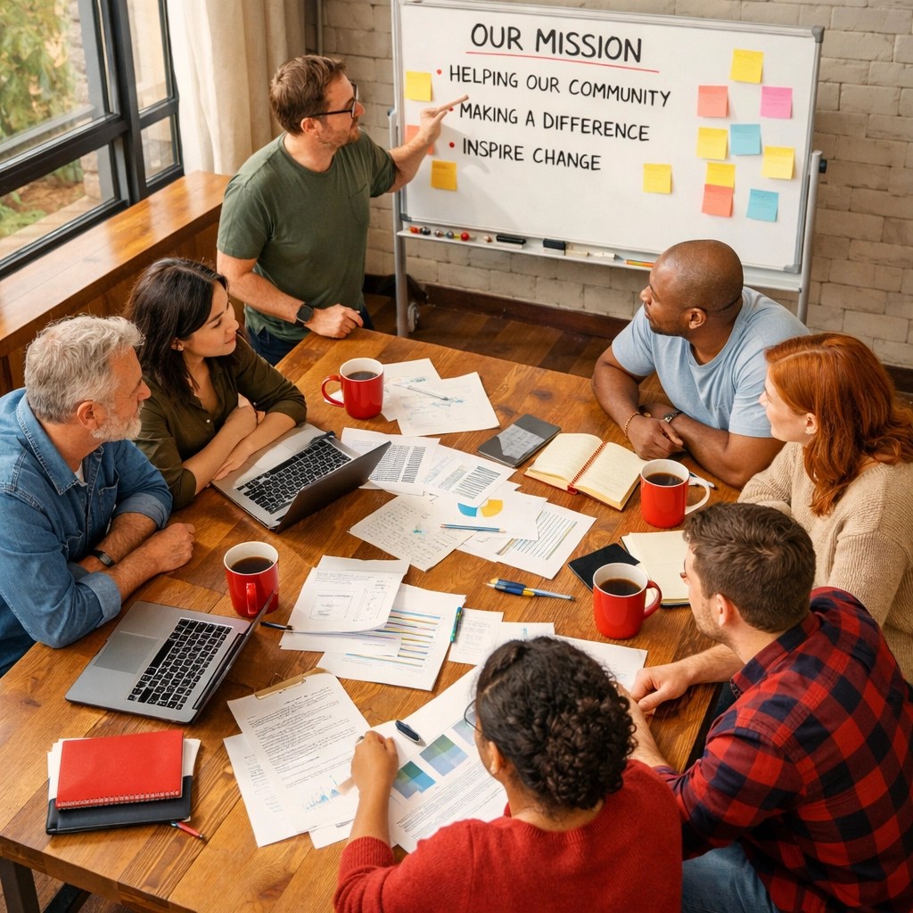 Nonprofit team collaborating on operations management strategy during planning meeting