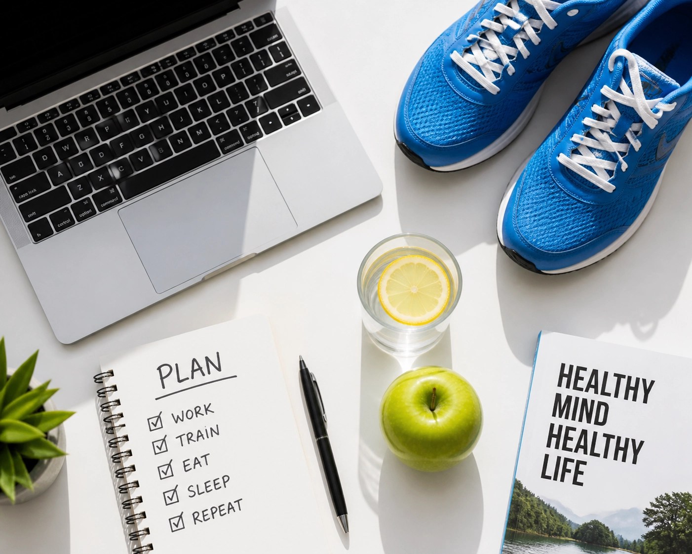 Office desk with running shoes and fruit representing business wellness programs that lower health insurance premiums.